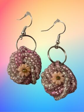 Beaded Pink Floral Drop Earrings - Handmade Women Jewelry